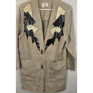 Vintage Linen 80s Oversized Blazer Geometric Faux Leather Design Shoulder Pads